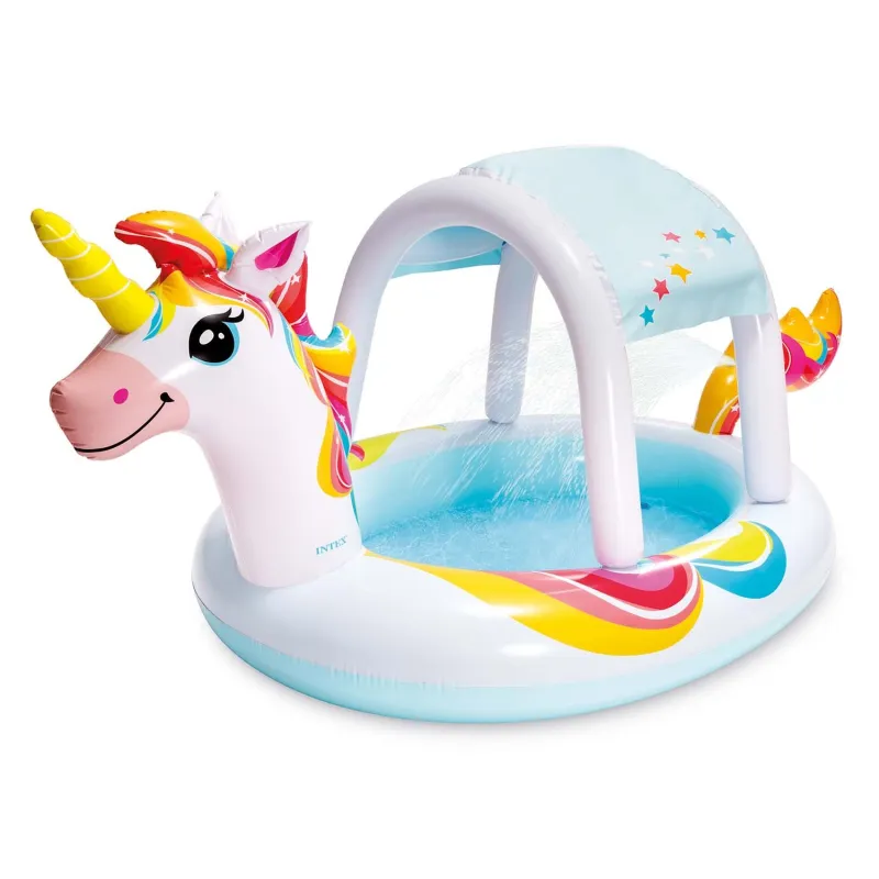 Brightly colored unicorn-themed baby pool, perfect for outdoor fun