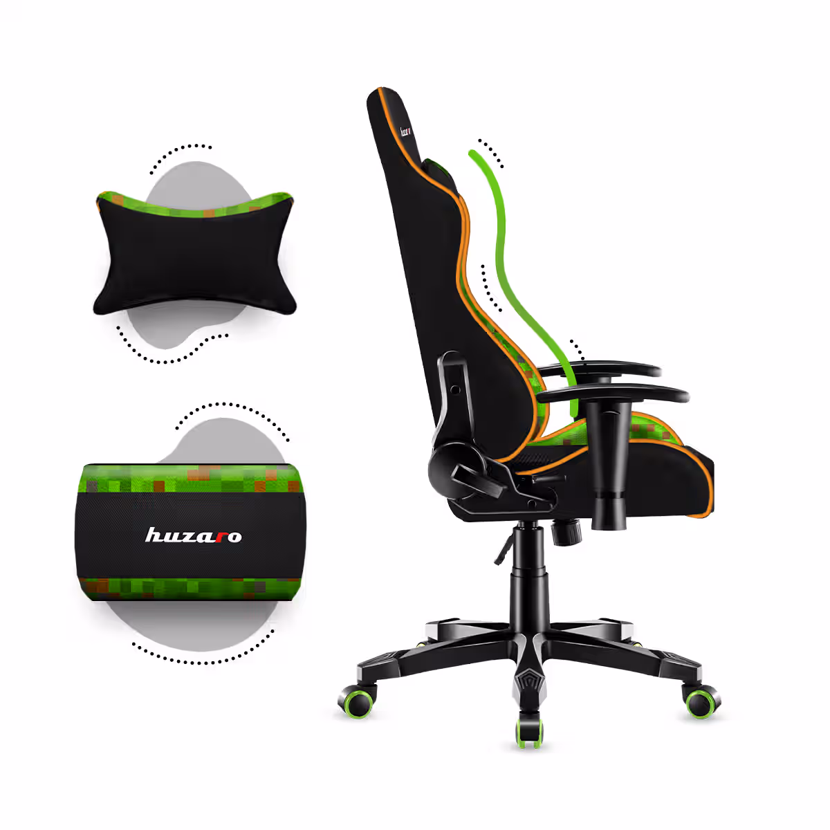 Right side of the Huzaro Ranger 6.0 Pixel chair with lumbar and neck cushions