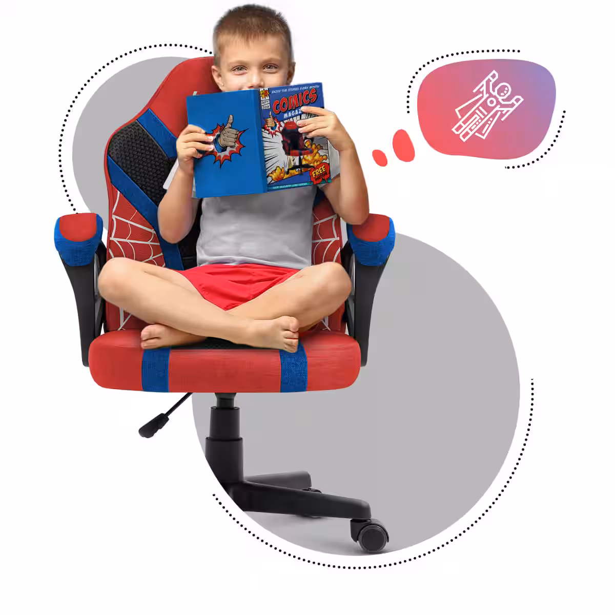 Front of Ranger 1.0 Spider chair with a boy reading a comic book