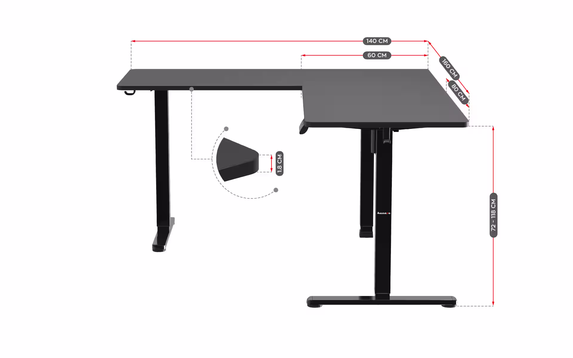 Dimensions of the Huzaro Hero 9.5 electric desk