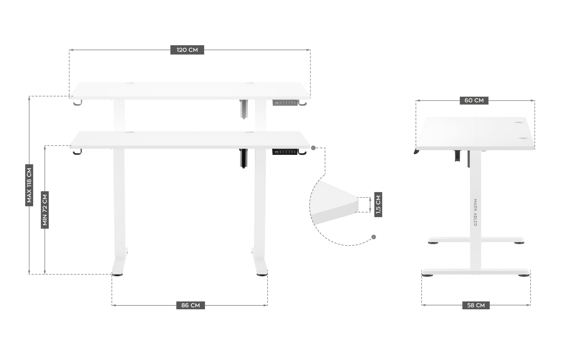 Dimensions of the electric desk Left side of the electric desk Mark Adler Leader 7.0